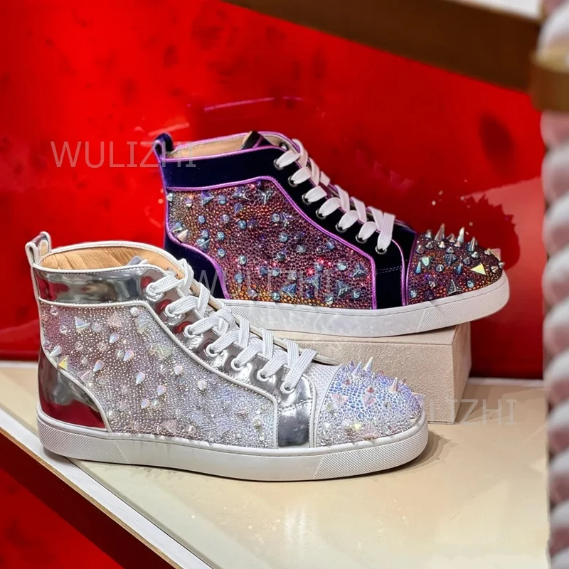 Men'S Shoes For Suits - Ciemnofioletowe sneakersy męskie z kryształowymi nitami,